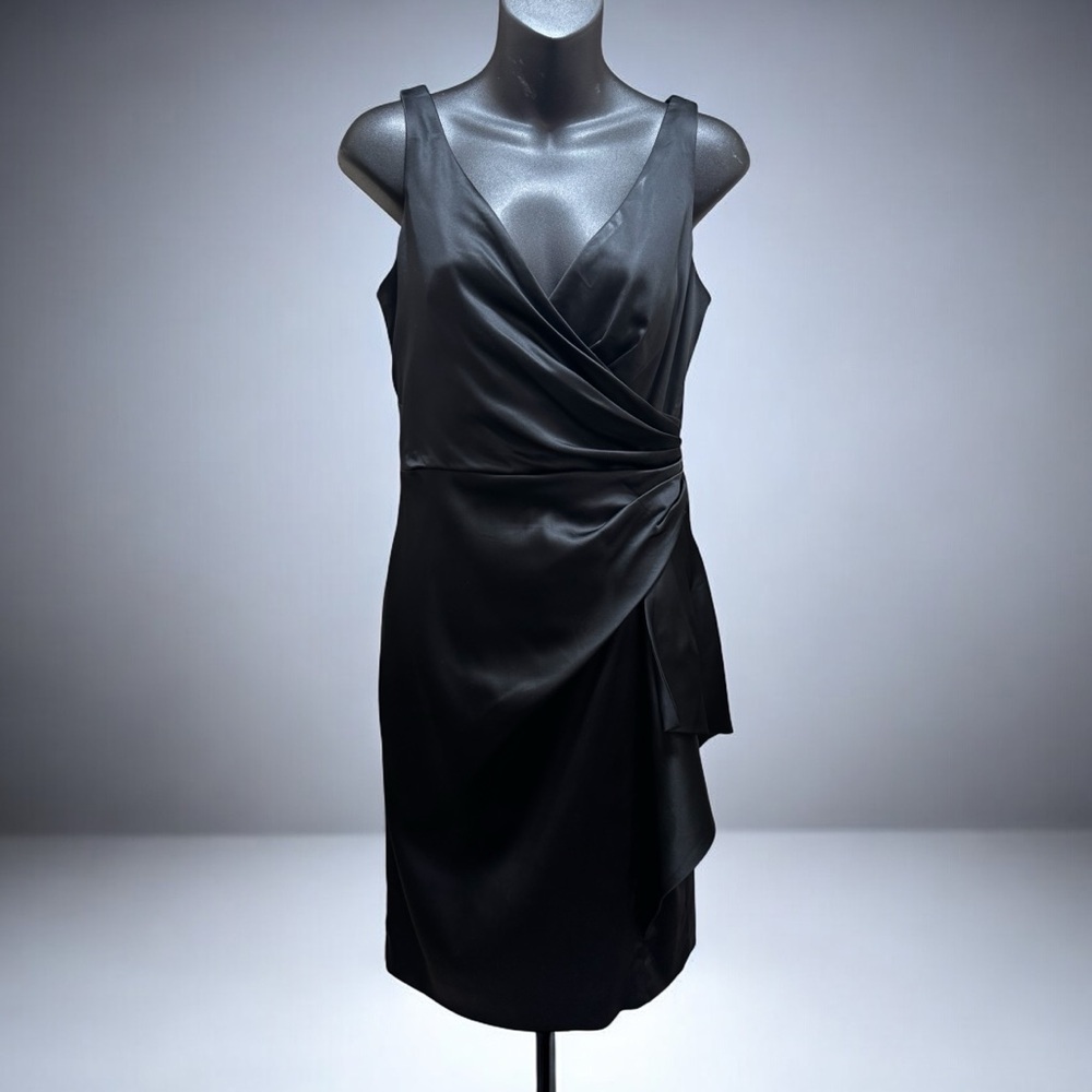 White House Black Market Black Satin Wrap Cocktail Mini Dress size 4